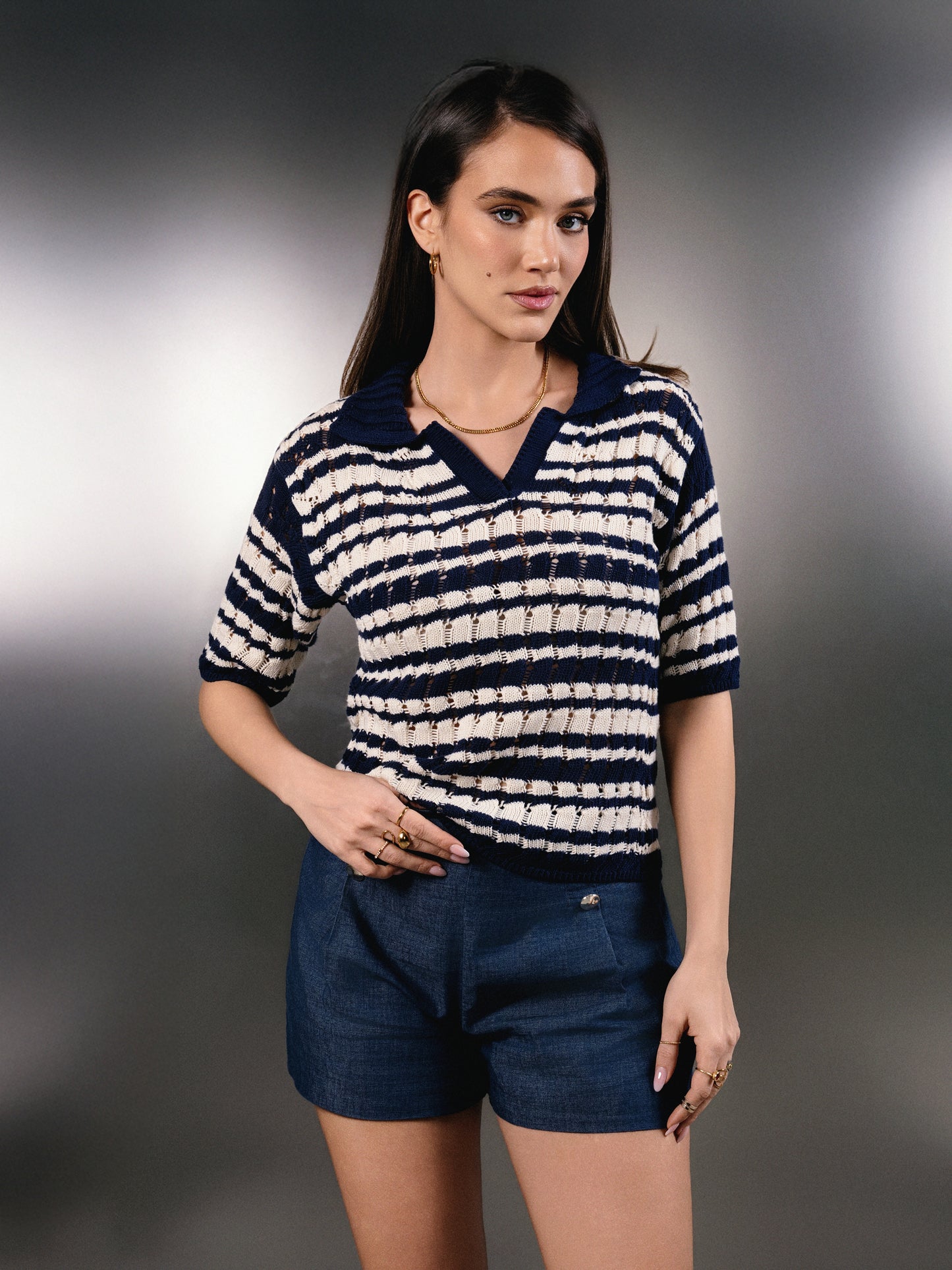 Polo en maille de coton Capri rayé marine/ivoire