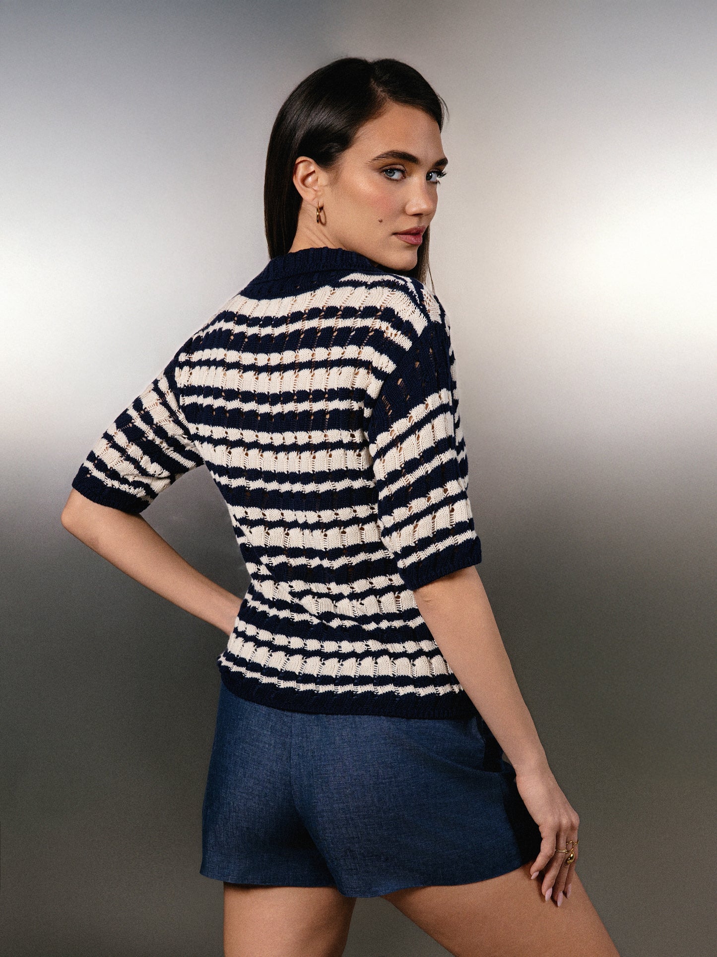 Polo en maille de coton Capri rayé marine/ivoire