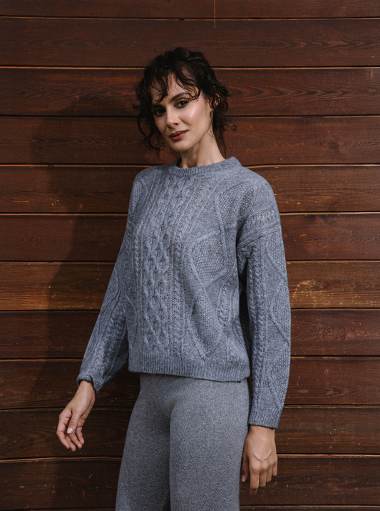 Selen Soft Grey Cable Knit Crewneck